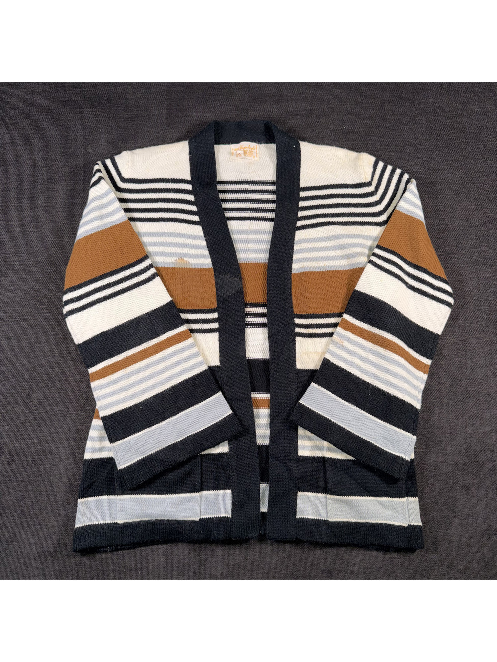 Vintage Striped Knit Cardigan Sweater in Black, White, Brown, and Gray